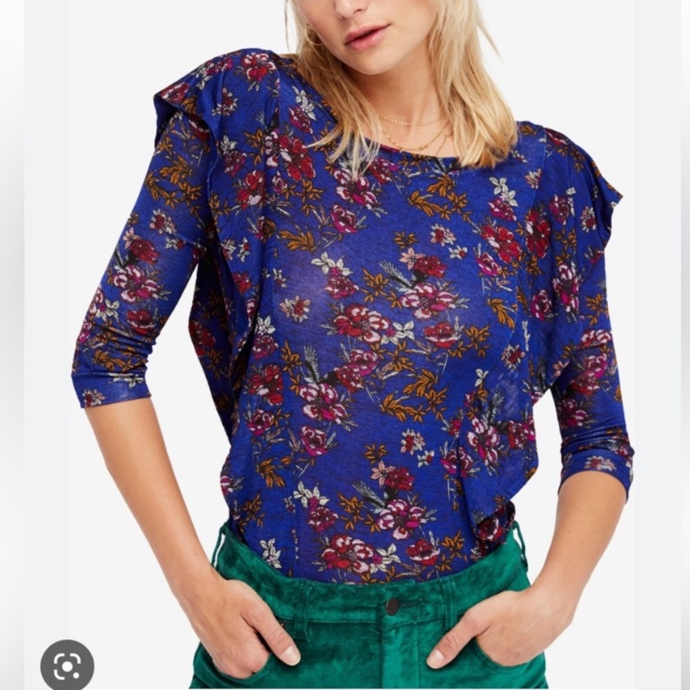 Free People Slinky Floral Ruffle Sleeve Blouse - Picture 4 of 10